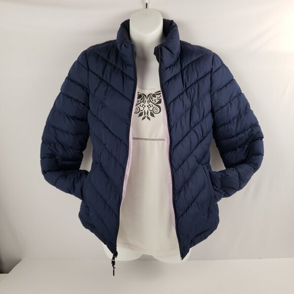 Gap XS Navy Uniform Blue Puffer Lavender Lining Jacket Coat Fall Winter - Picture 3 of 15